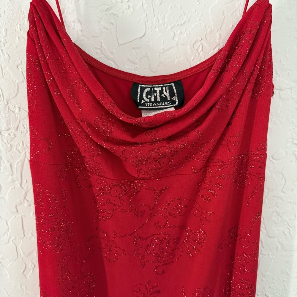 Y2K 90s City Triangles Red Slip Dress Spaghetti Strap High Low